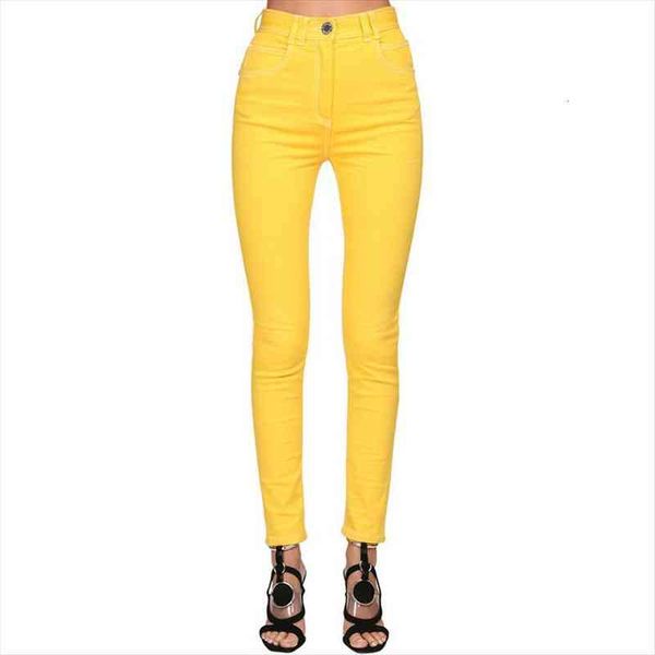 

high street fashion stylish designer jeans womens stitching contrast denim jeans pencil pants yellow, Blue