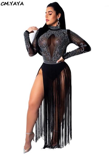 

winter spring women drilling rhinestone mesh see though tassel rompers night club party maxi long dress vestido cy80651, Black;gray