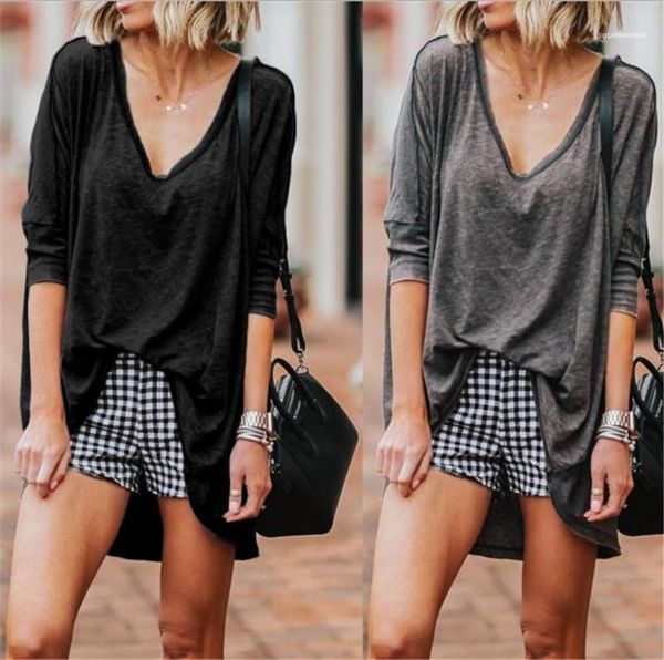 

summer spring womens relaxed v neck tshirts casual long sleeve solid color looese tshirts womens, White