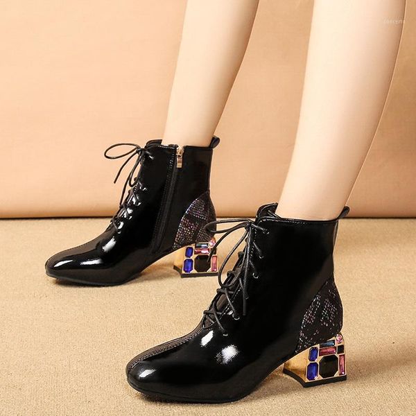 

rimocy fashion rhinestone square heels ankle boots for women zipper lace up patent leather shoes woman autumn winter botas mujer1, Black