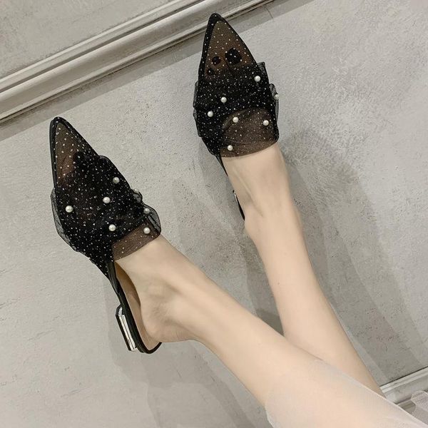 

2021 women's slippers summer and autumn half slippers women's pointed net pearl bow with low heel, Black