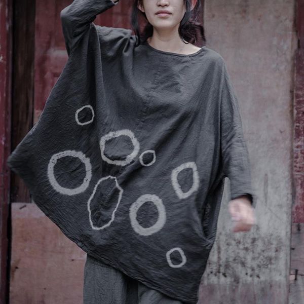 

women plus size shirts o-neck long sleeve vintage 2020 new autumn women cotton linen loose tie dye circle top, White