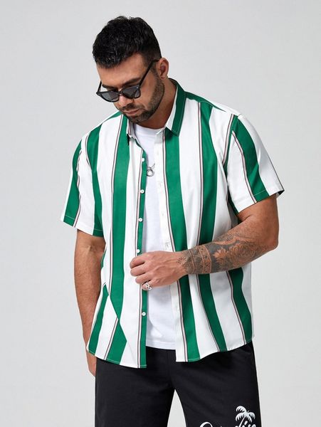 

extended sizes men striped print button front shirt p8ol#, White;black