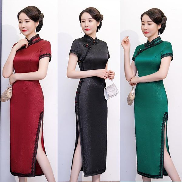 

chinese traditional short sleeve satin cheongsam women split qipao dress female party elegant ladies vintage bodycon clothing1, Red