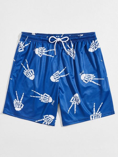

romwe guys skeleton graphic drawstring shorts 71i6#, Black