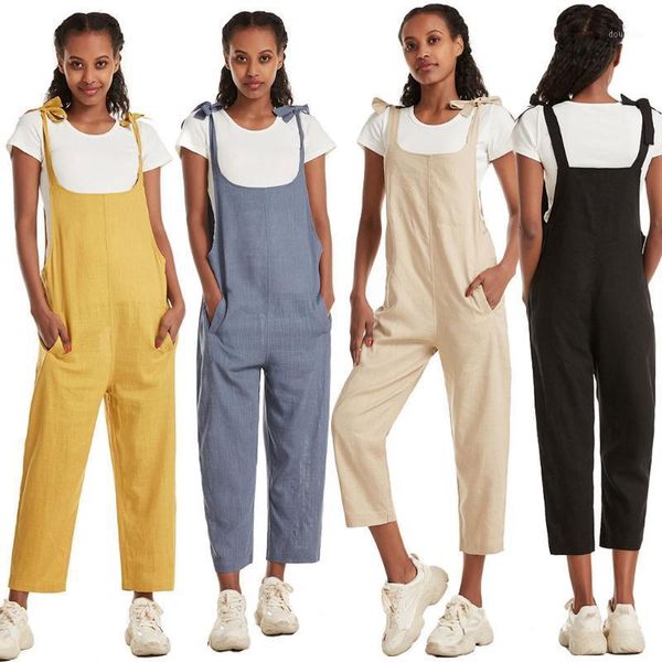 

cotton linen jumpsuit women summer fashion solid color overalls ladies casual pocket long rompers womens jumpsuit 2020 ju41, Black;white