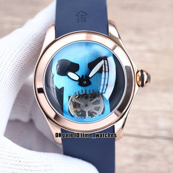 

46mm bubble l016/03268 automatic mechanical mens watch rose gold case skull tourbillon sports watches blue rubber strap 9 colors, Slivery;brown