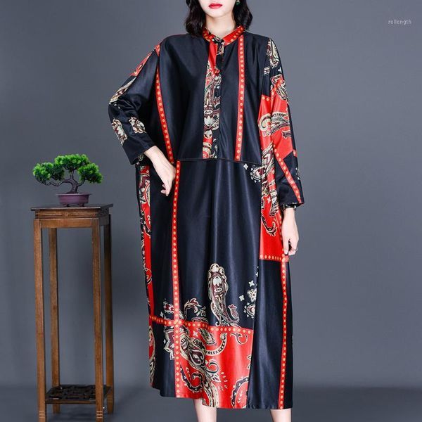 

superaen 2020 autumn plus size national style retro stand print loose slim mid-calf woman dress1, Black;gray