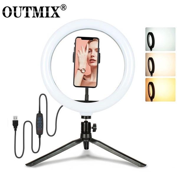 

outmx ring light 10"/26cm selfie led deskring lamp with tripod stand cell phone holder remote for youtube video conference