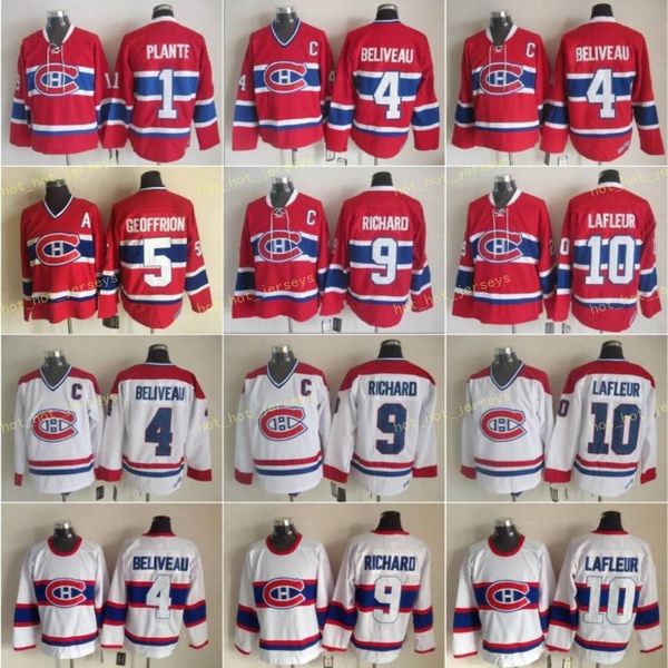 

montreal 10 guy lafleur hockey jersey men canadiens 9 maurice richard 1 jacques plante 4 jean beliveau 5 bernie geoffrion vintage classic, Black;red