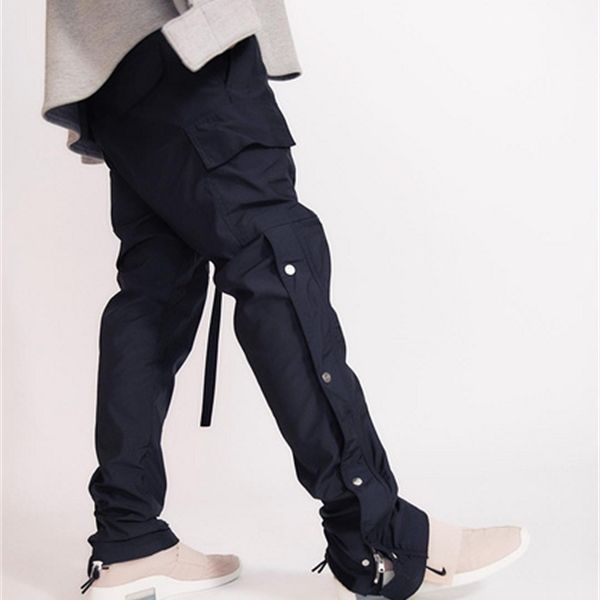 

black fog street men side snap cargo pants hip hop slim fit ribboned waistband track x1116