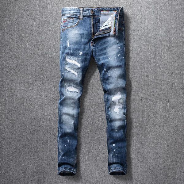 

fashion streetwear men jeans retro blue elastic slim fit ripped jeans men vintage designer pants hip hop homme