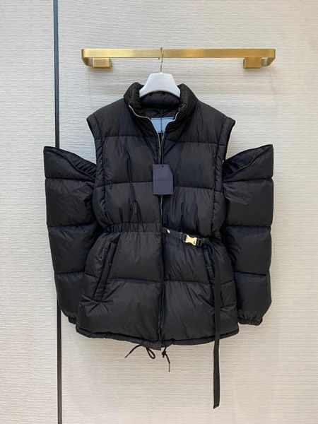 

2021 women's coat black mid-length ladies down jacket with detachable sleeves waistcoat vest zipper down jacket with more wear