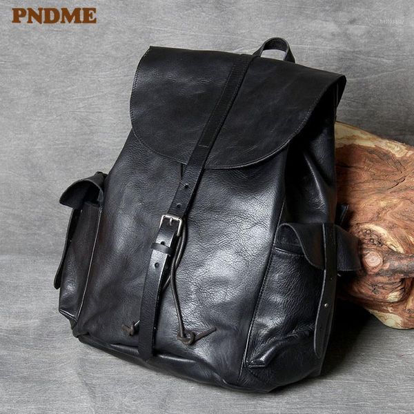 

pndme genuine leather men's backpack vintage anti-theft soft cowhide travel black lapbagpack for women1