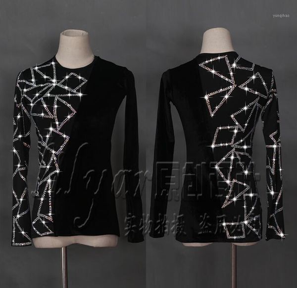 

latin dance shirts men flamenco long sleeve round neck sequin middle east diamond ballroom shirt performance wear s-xl1, Black;red