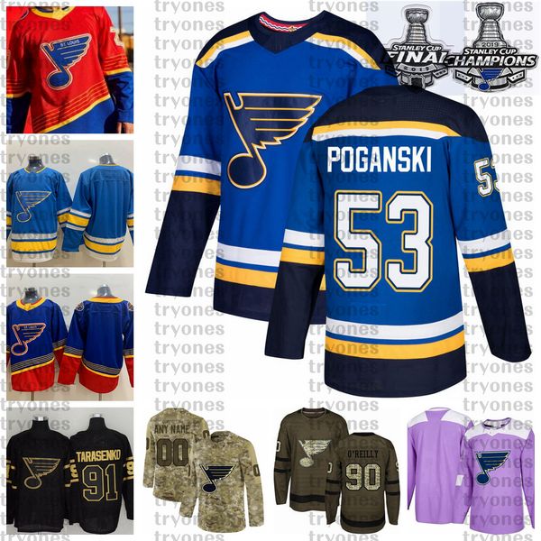 

2021 reverse retro customize 53 austin poganski st. louis blues champions hockey jersey golden edition camo veterans day fights cancer, Black;red