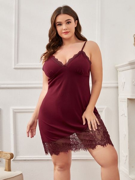 

plus contrast lace cami night dress o86n#, Black;white