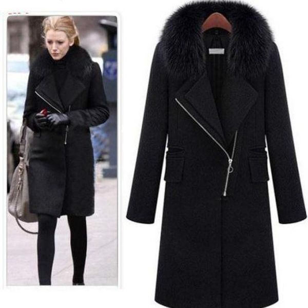 

plus size elegant women winter woolen jacket faux fur collar black coat 2021 new europe and america female casual thick parka