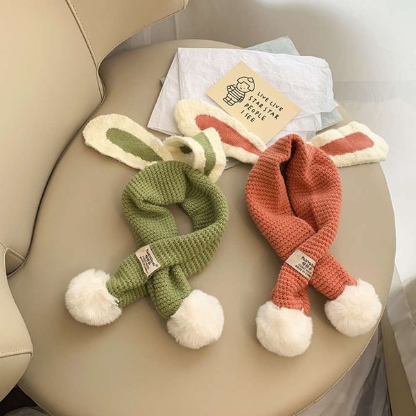 

korean lovely children's scarf color japane matching rabbit ear knitting wool baby cross neckband boys and girls warm neck cover, Red;brown