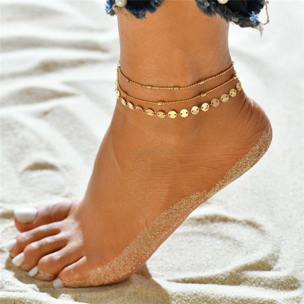 Monete d'oro catena cavigliera da donna Summer beach multi layer Wrap Foot Catene Bracciale gioielli moda volontà e sabbia