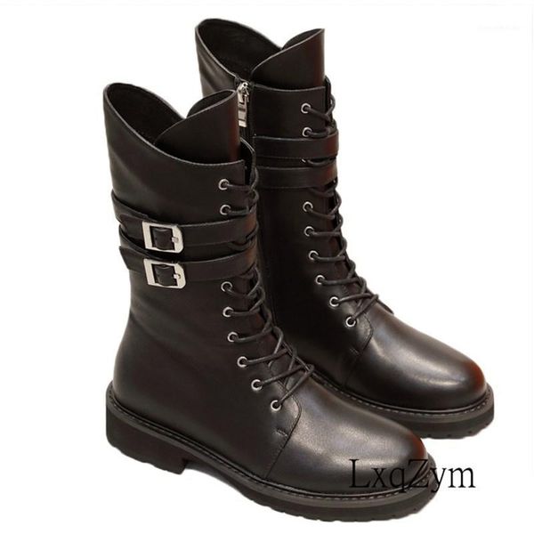 

women's knight boots metal buckle decor fashion thick-soled round toe mid-calf shoes ladies all-match non-slip runway flats1, Black