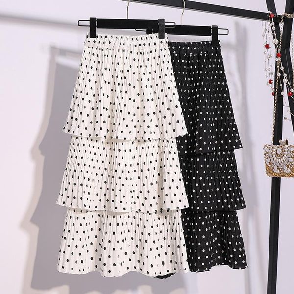 

ewq] 2020 summer new elegant high waist elastic party skirt korea casual polka dot layered cake ruffled white skirts qv224001, Black