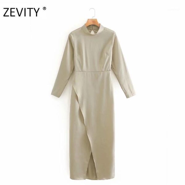 

zevity women elegant press stand collar solid hem split midi dress female back hole vestido chic casual slim dresses ds42171, Black;gray