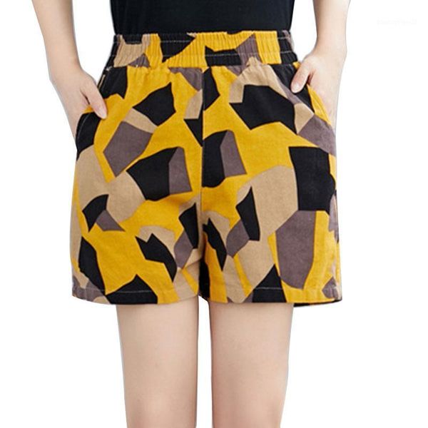 

summer cotton linen shorts women trousers plus size feminino women's shorts elastic high wasit home loose casual print1, White;black