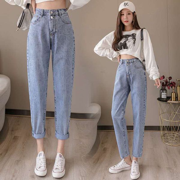 

spring and autumn 2020 new jeans korean version loose student high waisted slim nine point straight tube harlem daddy pants female trend, Blue