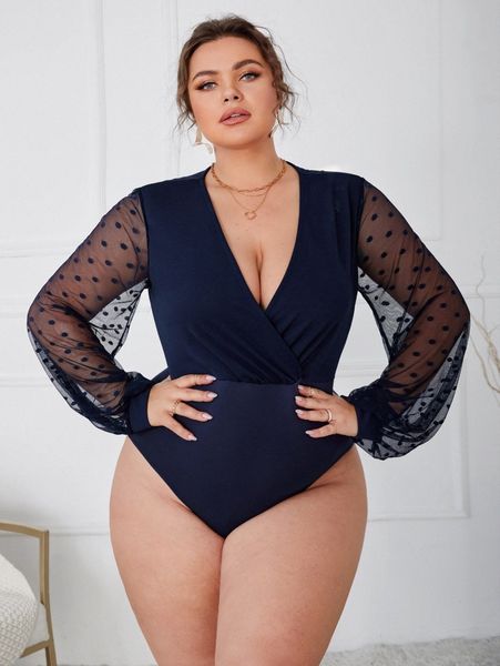 

plus plunging neck dobby mesh lantern sleeve bodysuit n4ru#, Black