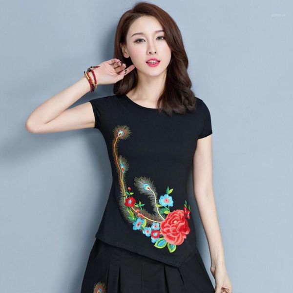 

summer folk-custom womens and blouses blouses women blusa vogue o-neck short sleeve embroidery blouse irregular shirts1, White