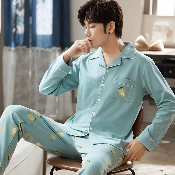 

men's sleepwear winter men pajamas set fresh blue cardigan cute lemon pattern nightwear casual loose male homewear cotton, Black;brown