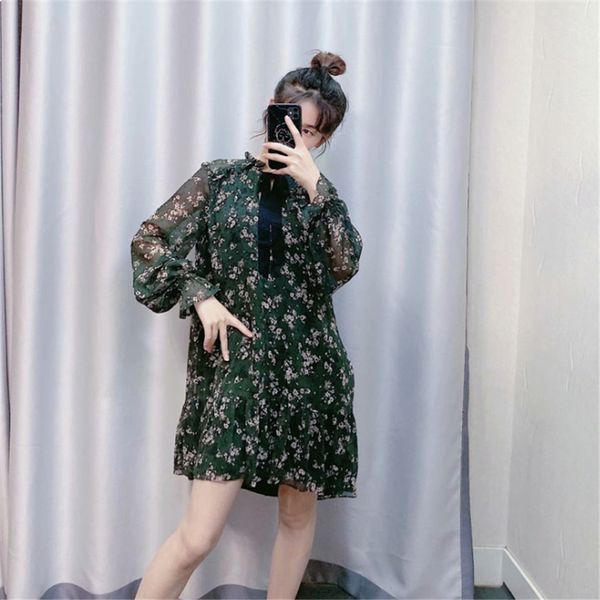 

2021 new new fashion all-match arc retro printout casual long sleeve plied frilly floral dress feminine ztjm, Black;gray