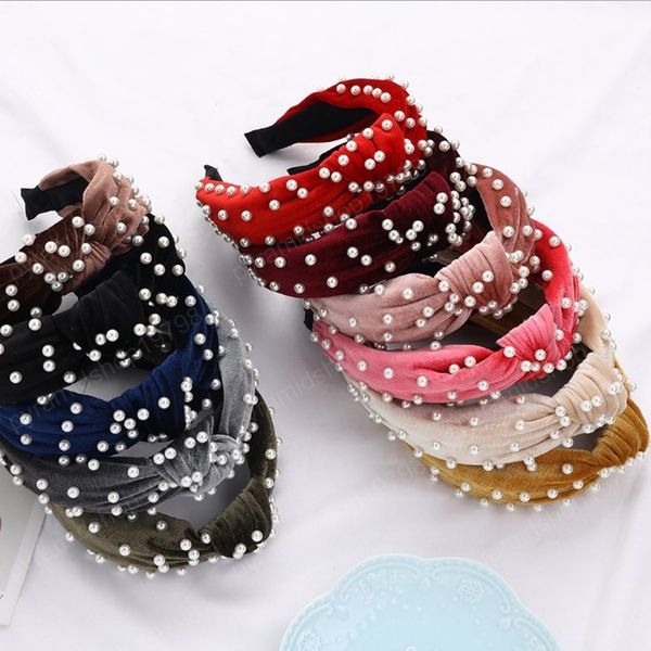

new fashion women hairband pearls velvet center knot soft turban solid classic headwear hair accessories wholesale, Slivery;white