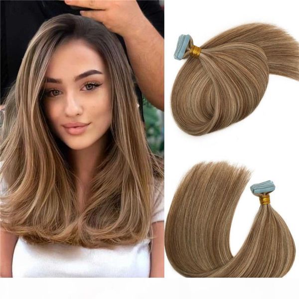 

premium highlights tape in human hair extensions#8 color mixed #24 blonde color balayage invisiable tape on hair extensions 100g 40pcs, Black