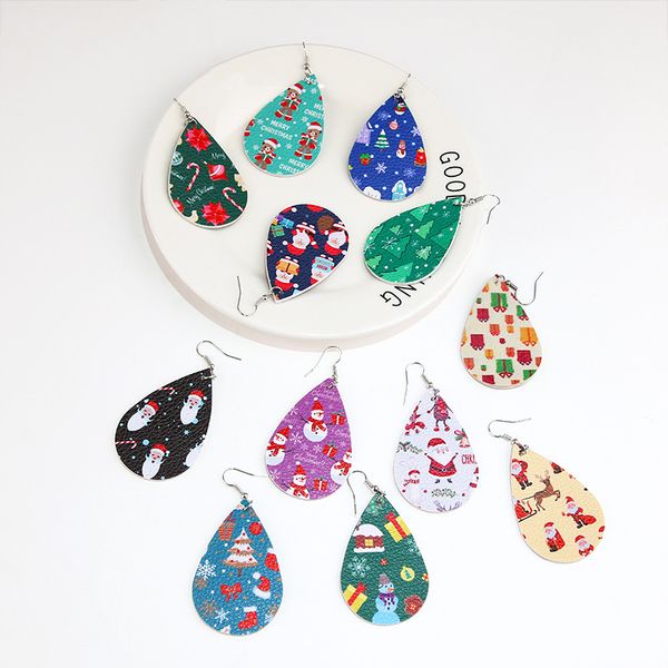 

12 styles teardrop leather earrings santa claus snowman print earrings handmade christmas earring charm jewelry accessories kimter-l866fa