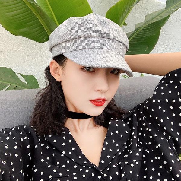 

Beret Hat Women Summer Thin Short Eave Berets Cap Lady Korean Pure Color British Retro Hats Female Casual All-match Caps H73051, Blue;gray