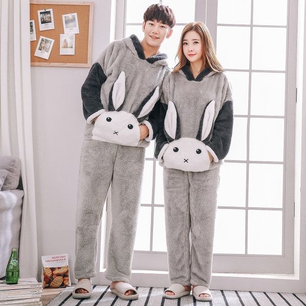 

winter couples coral fleece plush pajamas women kigurumi pyjamas men pijama masculino hooded long wool sleepwear warm thicker, Black;brown
