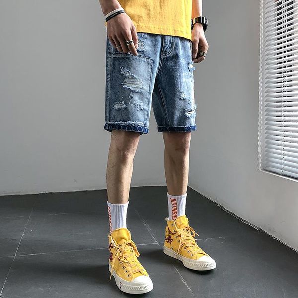

summer new jeans men fashion solid color torn hole denim shorts man streetwear hip hop loose short jeans male clothes, Blue