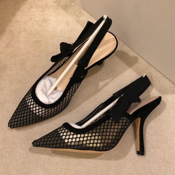 

beautiful fashion high heels mesh gauze summer sandals pointed toe pretty bow knot baotou stiletto high heel womens shoes designer bri, Black