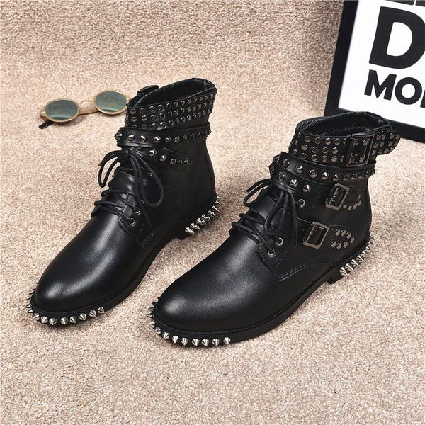 

rivet motorcycle boots women buckle strap chunky heel shoes woman 2021 metal decor ladies shoes fashion brand punk ankle boots, Black