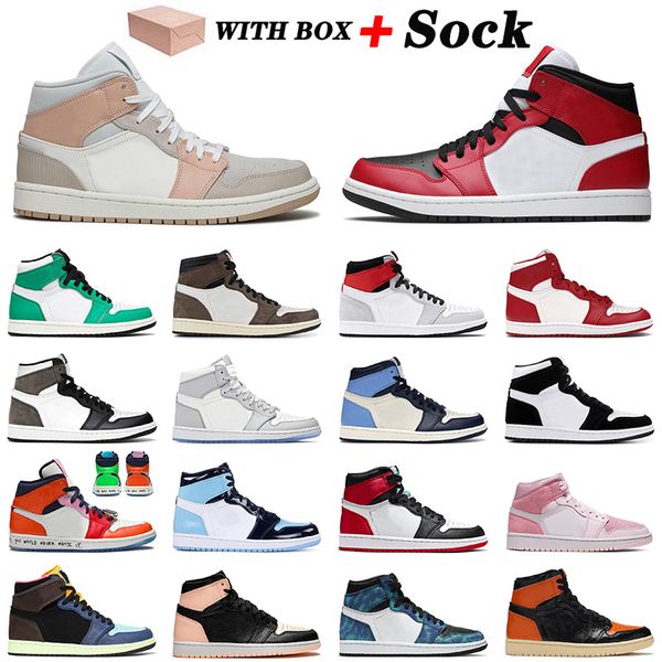 

2021 новое поступление баскетбольные туфли 1 1s jumpman mid chicago toe light smoke grey mens женский малиновый оттенок obsidian lucky green, White;red