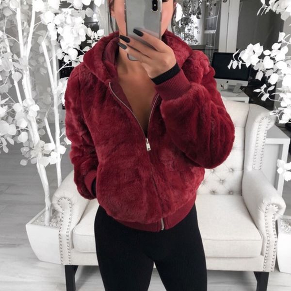

women faux fur fashion coats winter warm plush hoodies jackets female slim fit overcoat clothes 2020 outwear plus size 3xl ekkz, Black
