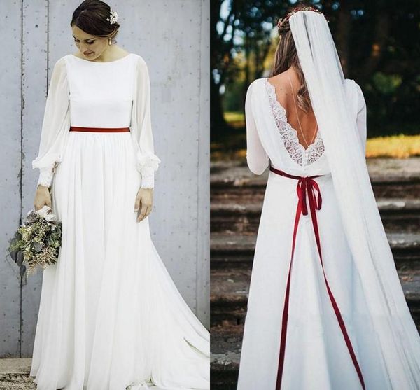 

boho simple wedding dresses 2021 modest long sleeves lace backless a line bridal gowns with belt long robes de mariée plus size v24, White