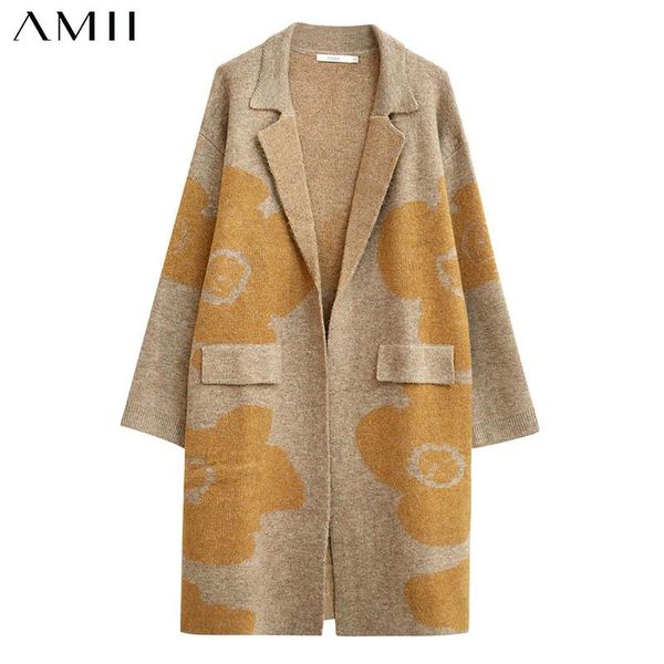 

amii minimalism autumn winter causal female cardigan fashion wool lapel printed belt loose knitted women's coat 12070640, White