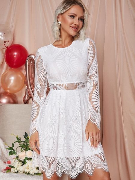 

eilly bazar sheer insert scallop trim lace dress g8rz#, Black;gray