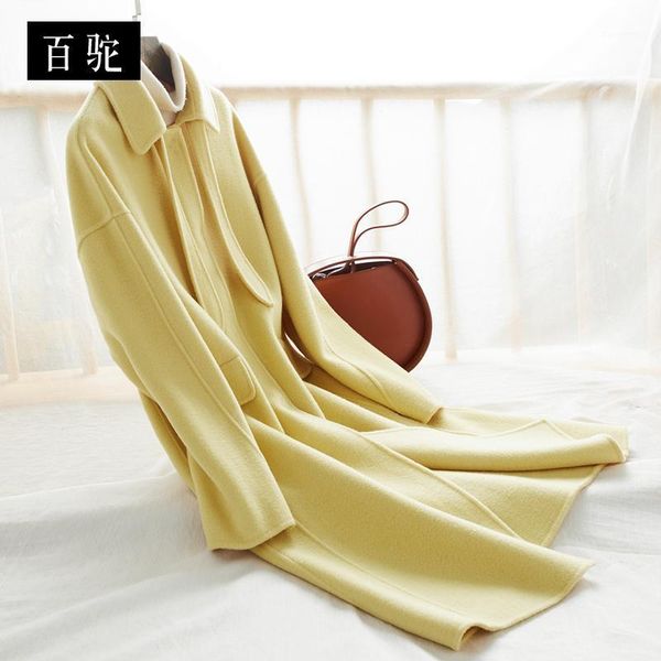 

women autumn winter coat manteau femme hiver 2020 korean long wool coat female elegant ladies woolen jacket blend coats 188401, Black