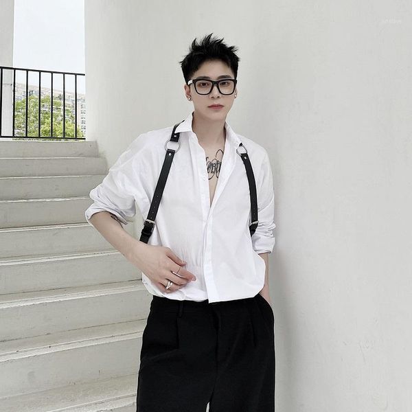

male fashion hip hop vintage loose shirts men shoulders leather belt long sleeve casual shirts stage clothes1, White;black