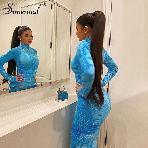 

simenual tie dye print fashion women midi long sleeve bodycon party dresses skinny ruched clubwear slim basic dress y200418, Black;gray