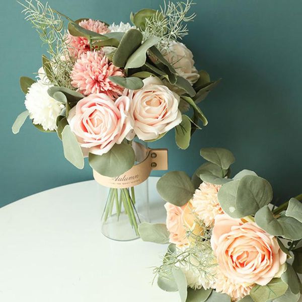 

artificial flowers rose eucalyptus hybrid bouquet silk flowers for home decoration wedding decor fake flower decoration